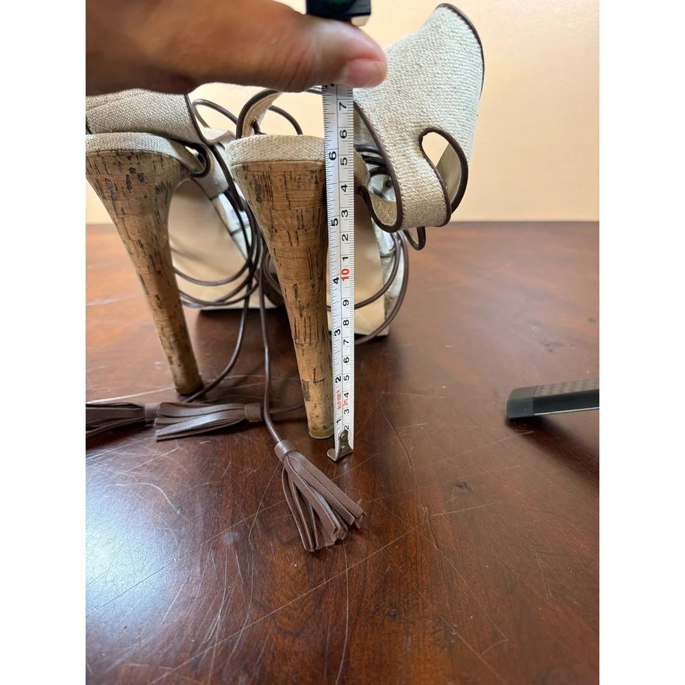 ShoeDazzle Linen Lace Up Tassel Platform Sandals Cork Stiletto‎ Heels Neutral 10